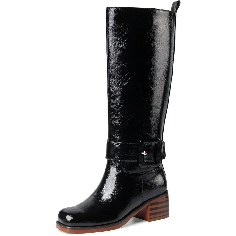 Women's B-black Round Toe Wide Calf Chunky Low Heel Pull Knee High Boots Rubber